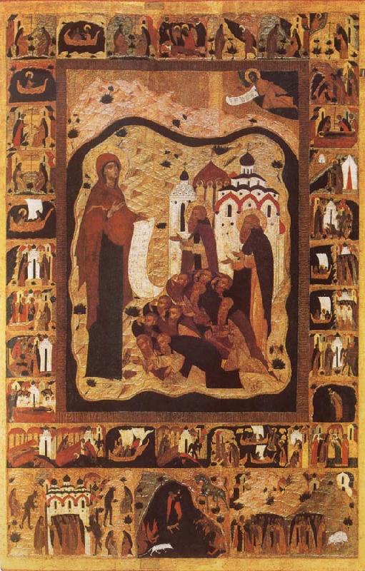 Our Lady of Bogolijubovo with Saint Zocime and Saint Savvatii and Scenes from their Lives, unknow artist